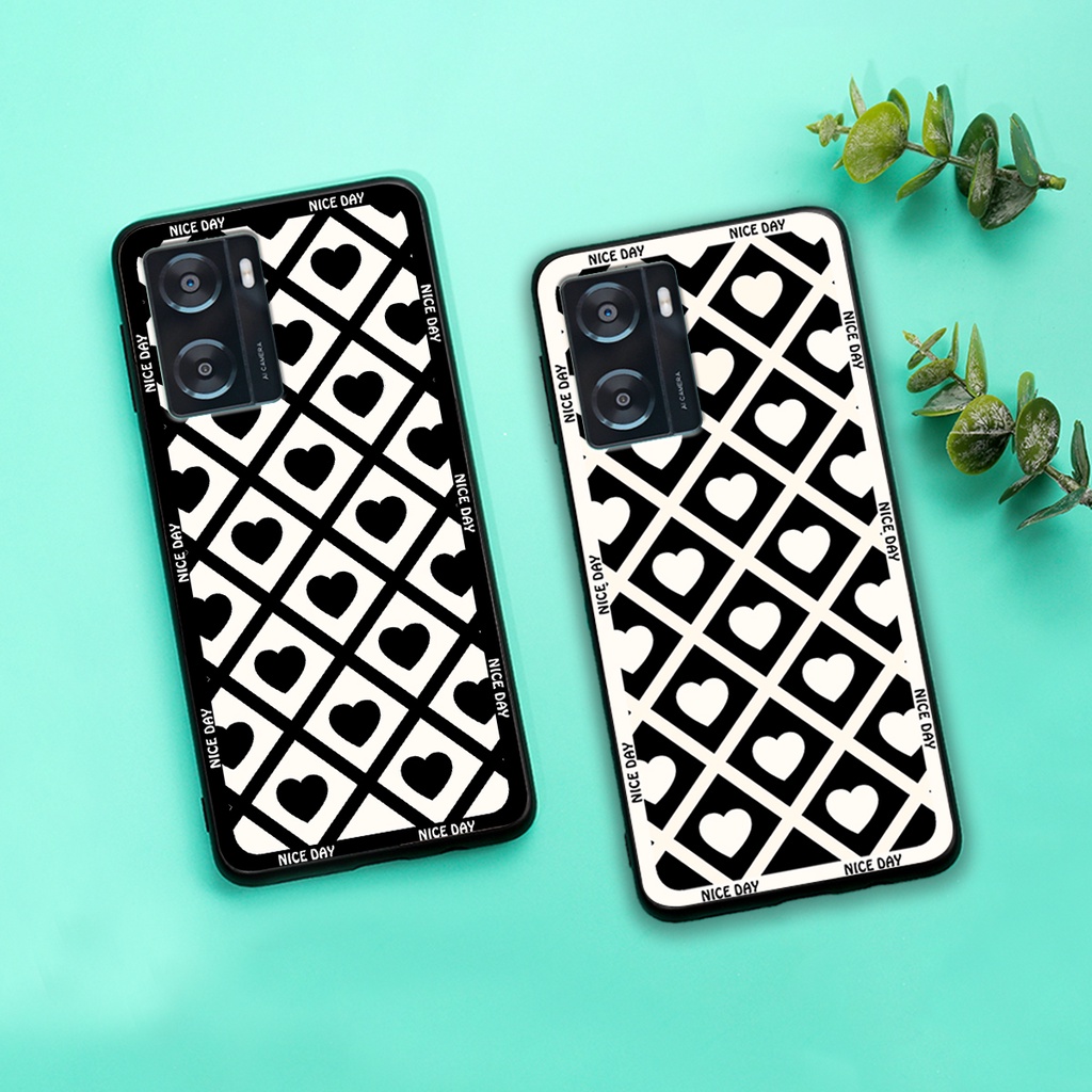 Ốp lưng Oppo A57 2022 in hoạ tiết caro trái tim đen trắng, gấu bear cute đáng yêu