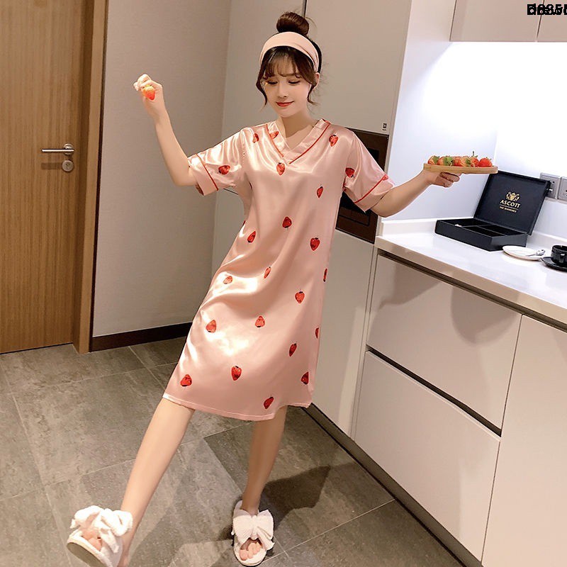 Đầm Ngủ Chất Lụa Lạnh Dáng Rộng Cỡ Lớn Thời Trang Mùa Hè Dễ Thương Cho Nữ