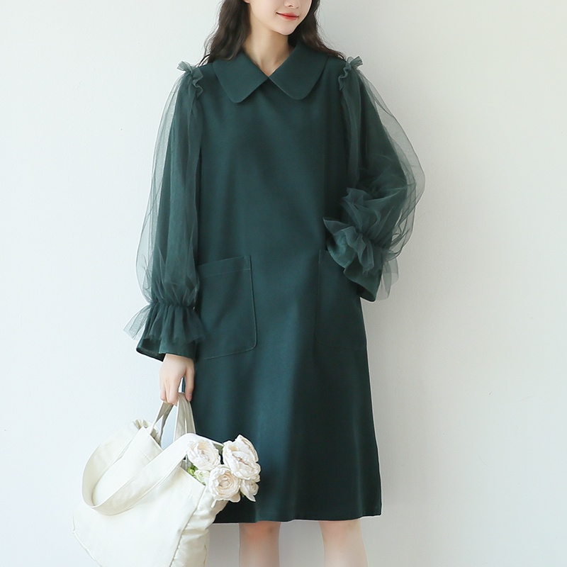 ZHELIHANGFEI Đầm Ngắn Tay Dài Cổ POLO Form Rộng Phong Cách Pháp