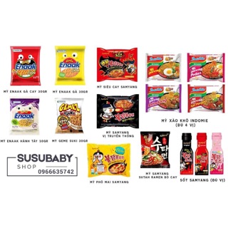 10 gói Samyang đen + 10 gói Samyang đỏ+ enaak 24 gói vàng + 24 gói cay đỏ + 24 gói hành tím + 12 gói suki