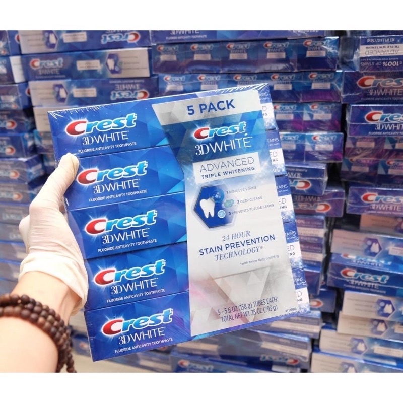Kem Đánh Răng Crest 3D White Advanced Tripple Whitening 158G Loại Bỏ Vết Bẩn, Trắng Răng