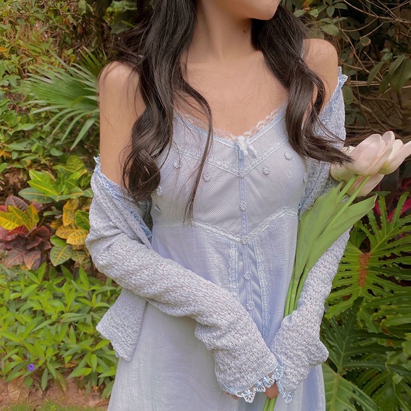 Áo Khoác Cardigan Dệt Kim Mỏng Màu Xanh Dương Thời Trang Xuân Hè Mới Cho Nữ 2021