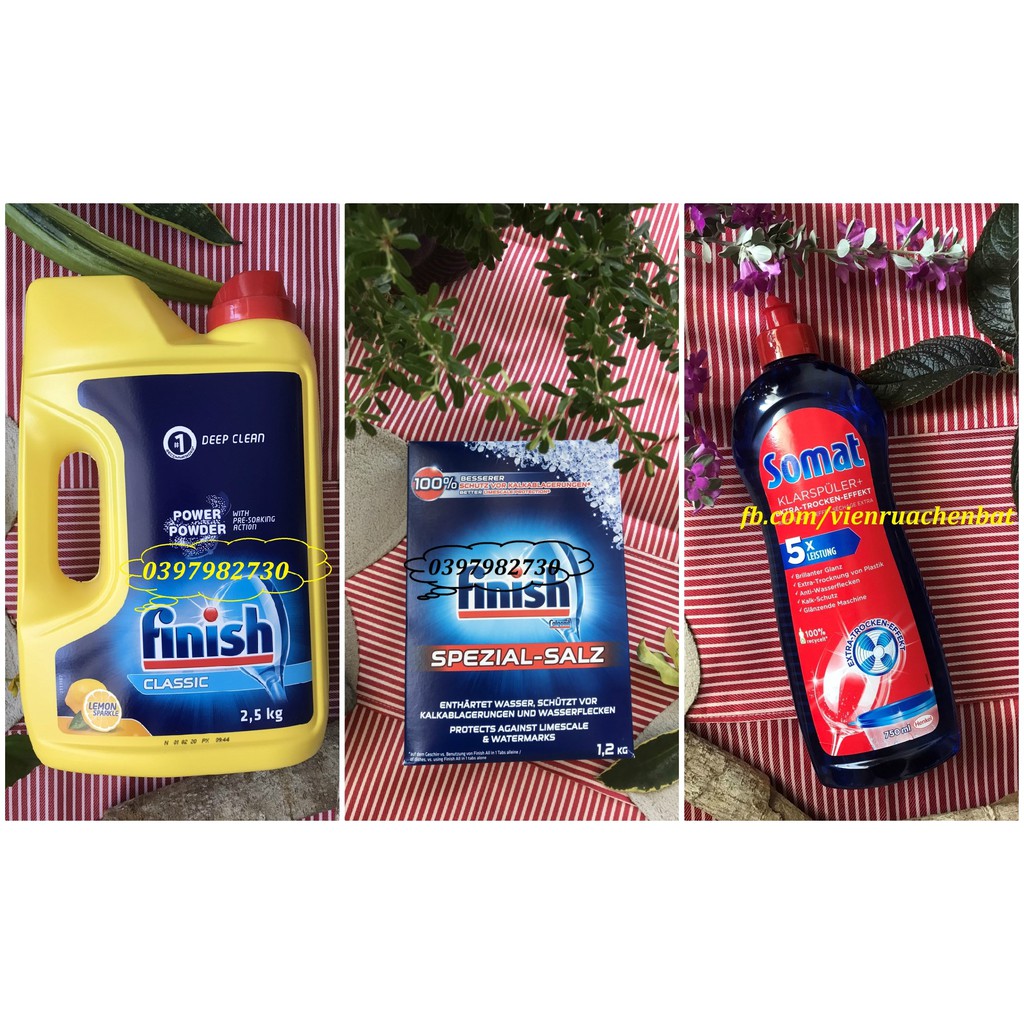 Combo Viên rửa chén bát Finish + Muối làm mềm nước Finish 1.2kg + Nước bóng Somat 750ml