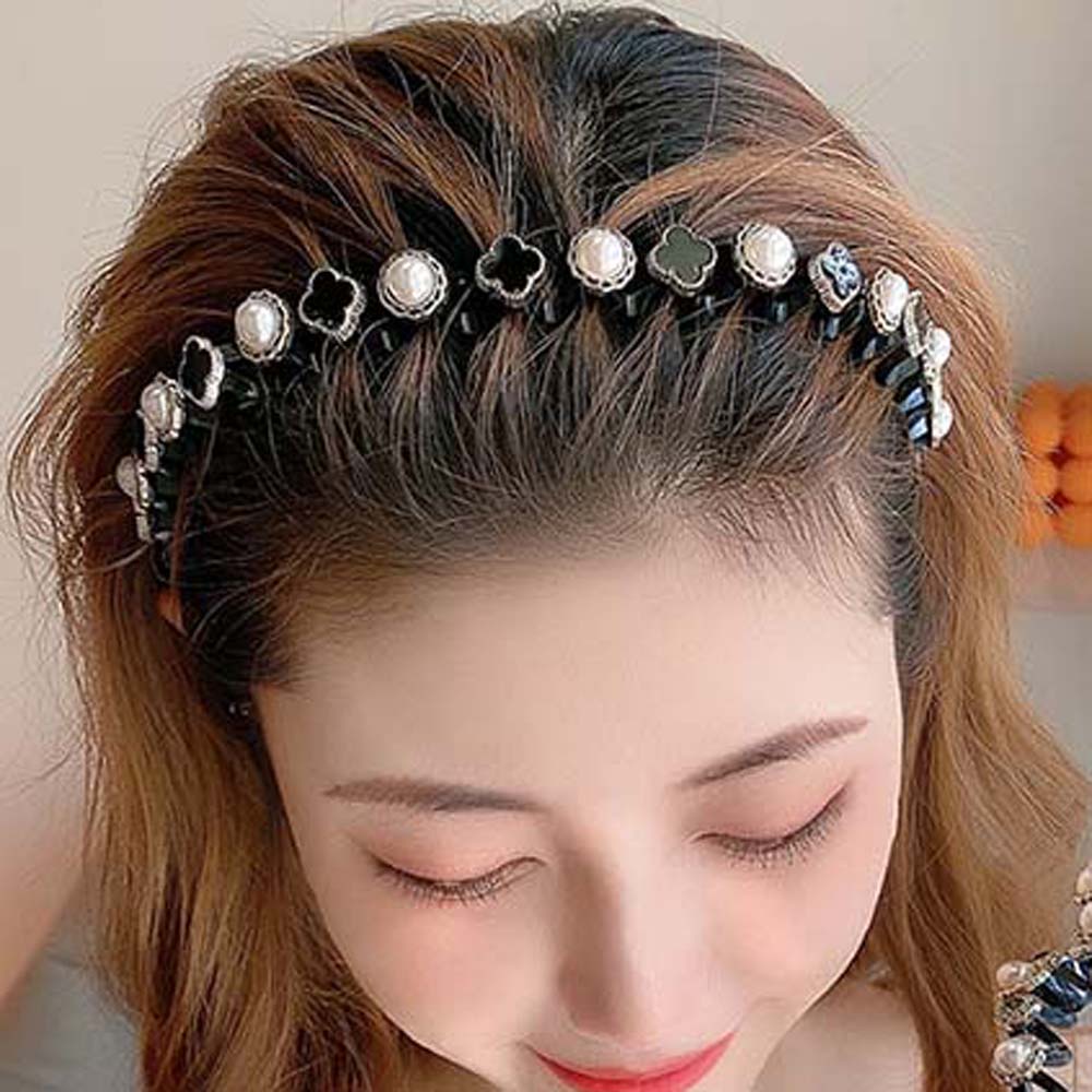 Băng Đô Cài Tóc Hình Cỏ Bốn Lá Đính Hạt Ngọc Trai Acrylic Đơn Giản Thời Trang Hàn Quốc Cho Nữ