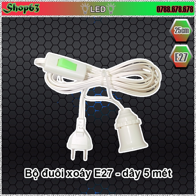 Đuôi đèn E27 chống cháy cao cấp - gồm dây dài 5m có kèm công tắc (đuôi xoáy 27 - nguyên bộ như hình)