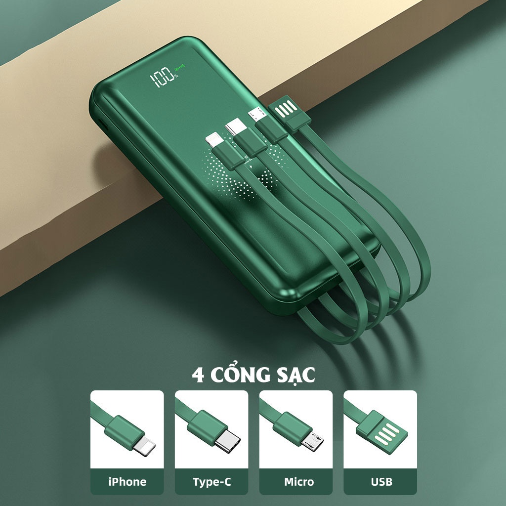 Pin sạc dự phòng Tích hợp sạc không dây HXSJ 10000mAh, Hỗ trợ sạc nhanh cổng usb 2.1A Kèm sẵn 4 đầu sạc tiện lợi