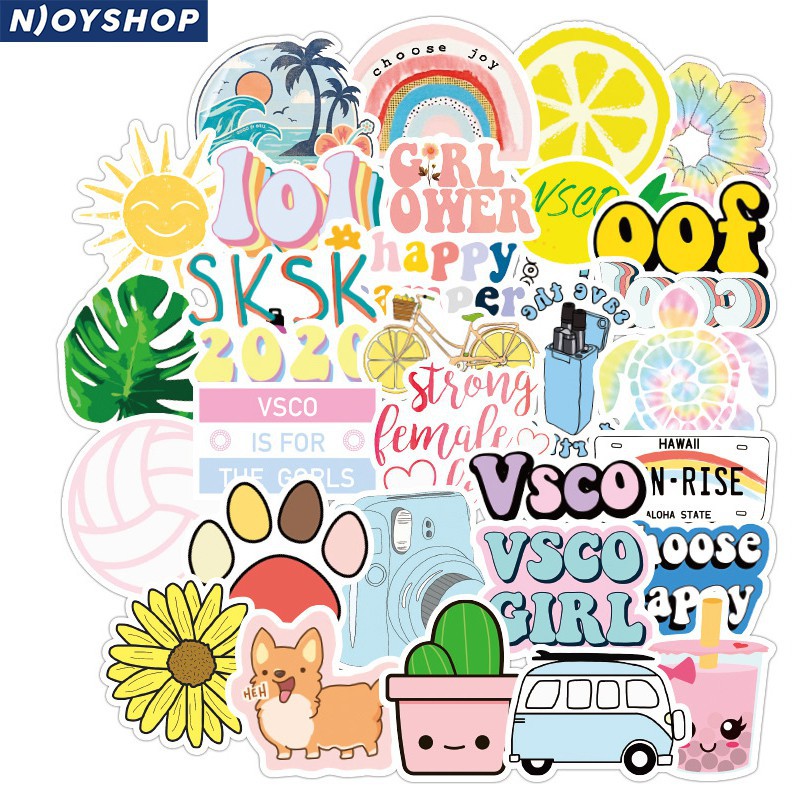 SET 50 MIẾNG STICKER DỄ THƯƠNG CUTE PASTEL HỒNG XANH DƯƠNG VÀNG CHỐNG NƯỚC DÁN NÓN BẢO HIỂM LAPTOP VALI TỦ