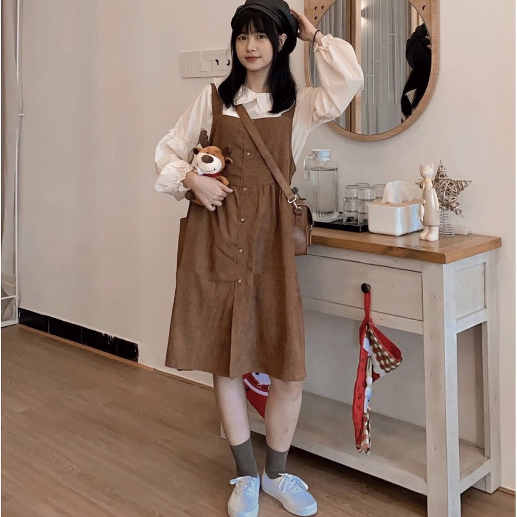 Set Yếm Váy Nhung Ulzzang Phối Sơ Mi Cách Điệu Màu Nâu Tây Xinh Xắn / Set đồ Lolita Nhật Bản