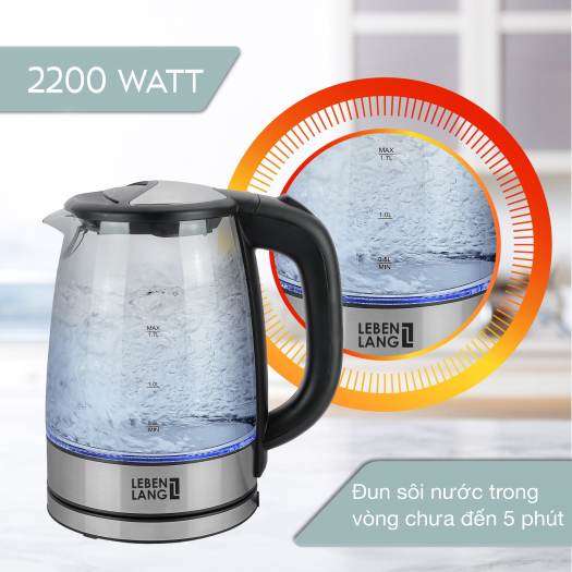 Ấm siêu tốc bình siêu tốc thủy tinh LEBENLANG LBL2879 1.7 lít công suất 2200W