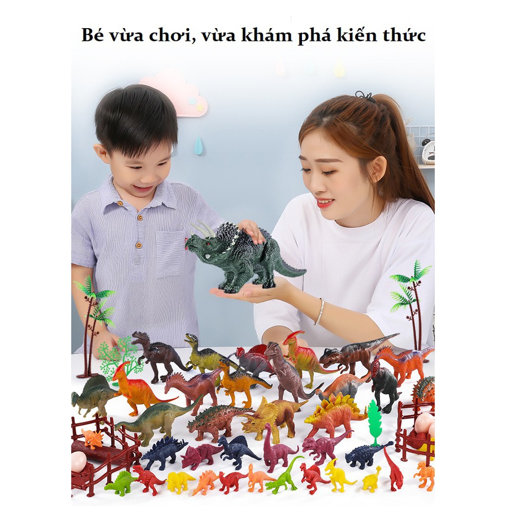 Bộ sưu tập đồ chơi khủng long 52 món CÓ HỘP ĐỰNG, mô hình động vật 58 chi tiết con vật cho bé