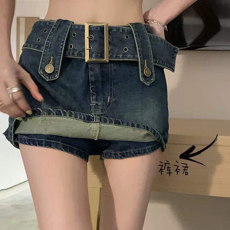 Chân váy jean denim cạp cao phong cách retro có quần lót trong