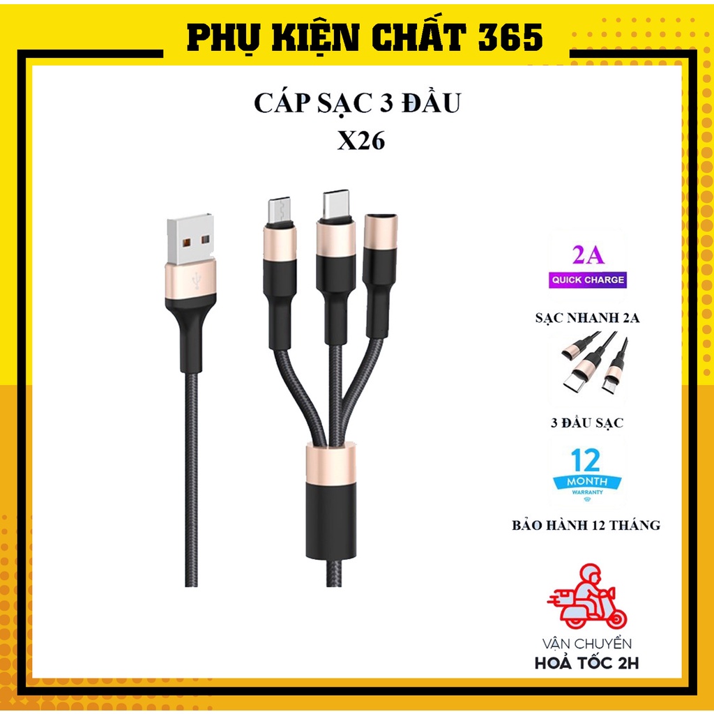 Dây cáp 3 đầu đa năng sạc nhanh Hoco X26 3-in-1 bọc dù chống đứt gãy, dòng sạc 2A, dài 1 mét, hỗ trợ truyền dữ liệu