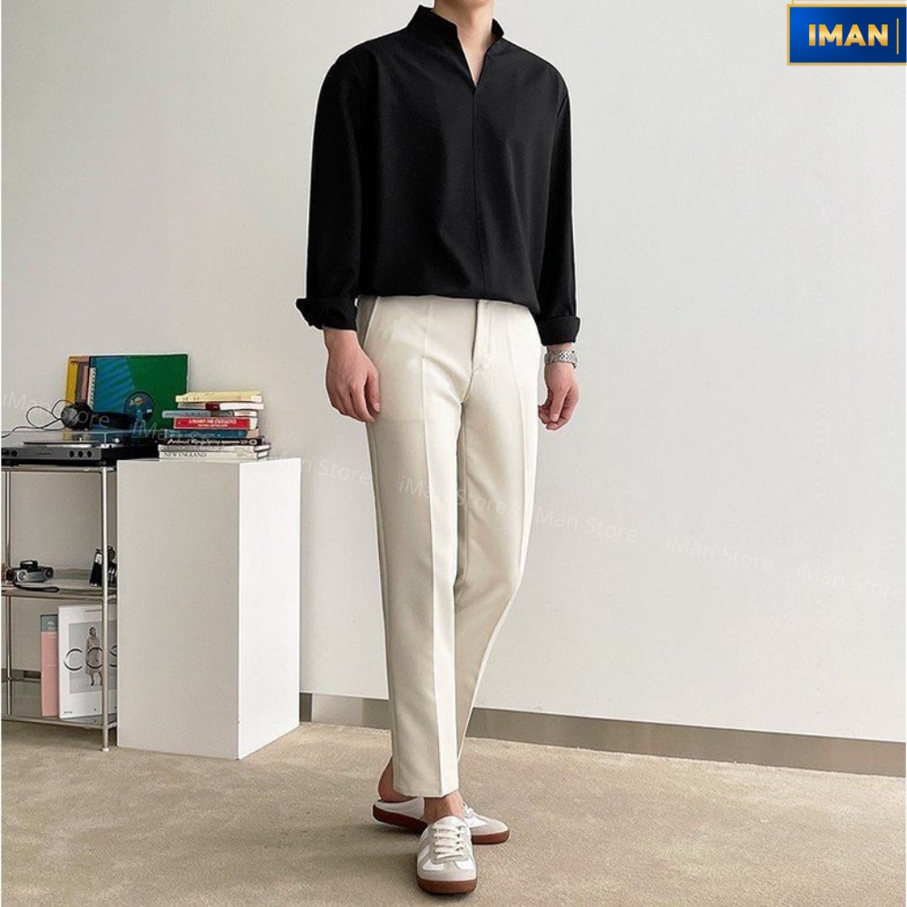 Sơ Mi Nam Cổ Tàu - Cổ Chữ V Hàn Quốc form Rộng Unisex, Áo Sơ Mi Nam Nữ Dài Tay iManlux
