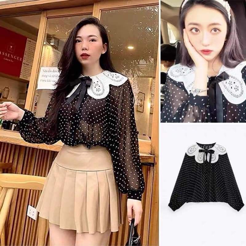 SƠ MI VOAN CHẤM BI PHỐI CỔ REN XUẤT XỊN ZR