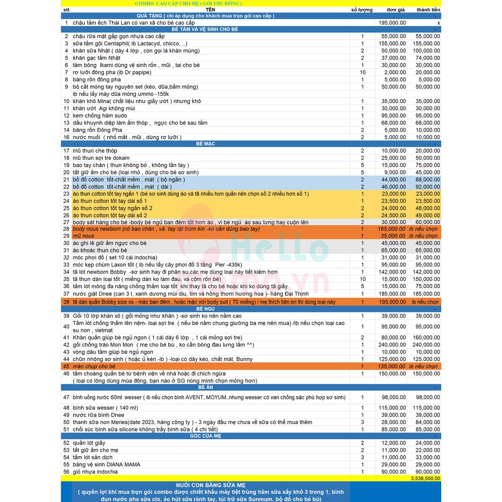 Combo/Trọn gói đi sinh cao cấp đầy đủ các món cần thiết cho mẹ và bé ( 2-3 triệu )