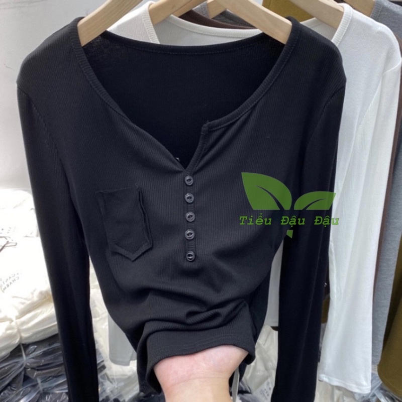 Áo thun nữ cổ V phối khuy che bụng len tăm mỏng nhẹ hàng đẹp