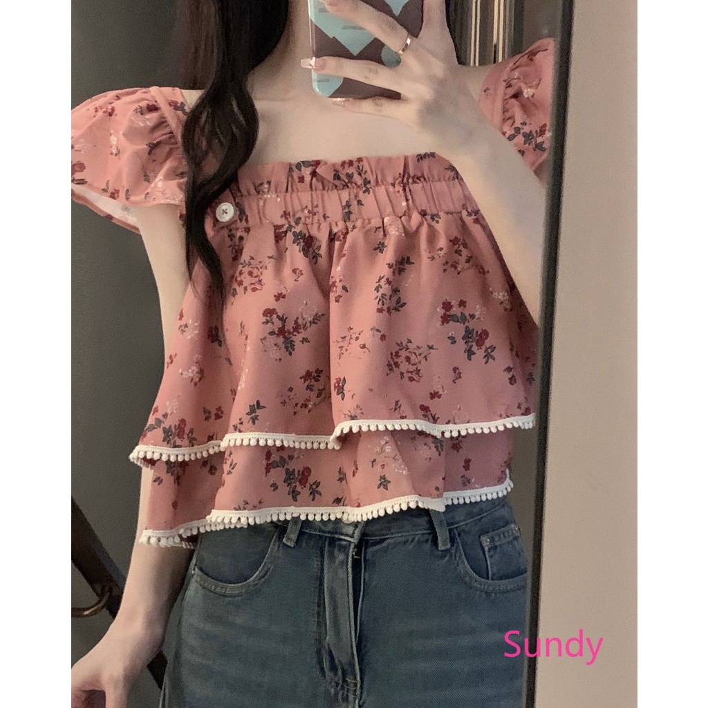 Áo Kiểu Trễ Vai Cổ Vuông In Họa Tiết Hoa Xinh Xắn Thời Trang Mùa Hè Cho Nữ