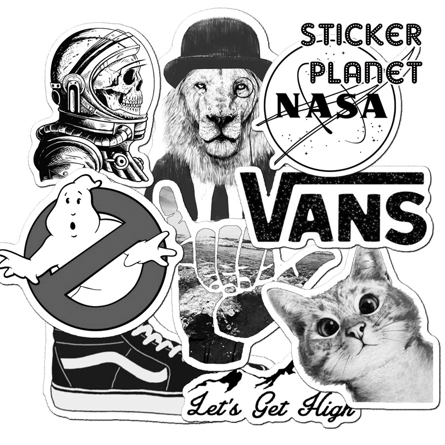 Bộ sticker trang trí mũ bảo hiểm, đàn, guitar, ukulele, điện thoại laptop chủ đề Black and white đen trắng