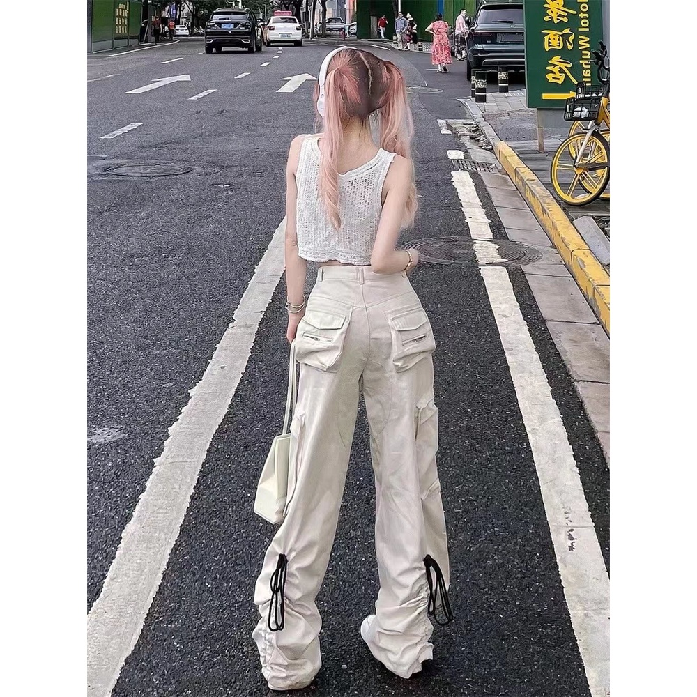 Quần Dài Ống Rộng Lưng Cao Phối Dây Rút Phong Cách Hip Hop Mỹ Thời Trang Mùa Hè Cá Tính Cho Nữ