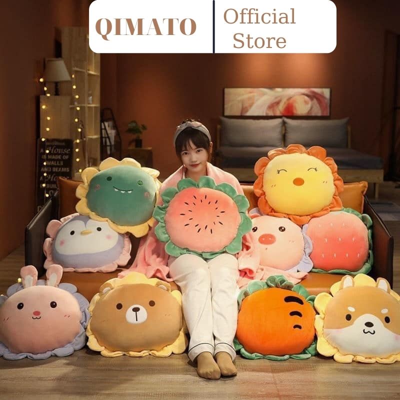 Bộ chăn gối hình hoa quả dễ thương 50 cm 2 in 1 chất liệu vải lông cừu mềm mịn QIMATO