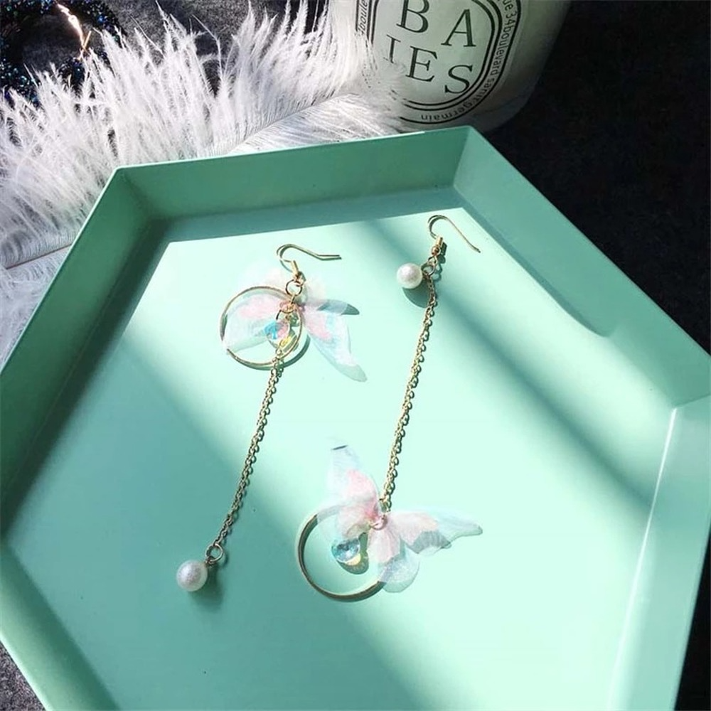 Bông Tai Dáng Dài Hình Bướm Đính Ngọc Trai Phong Cách Hàn Quốc