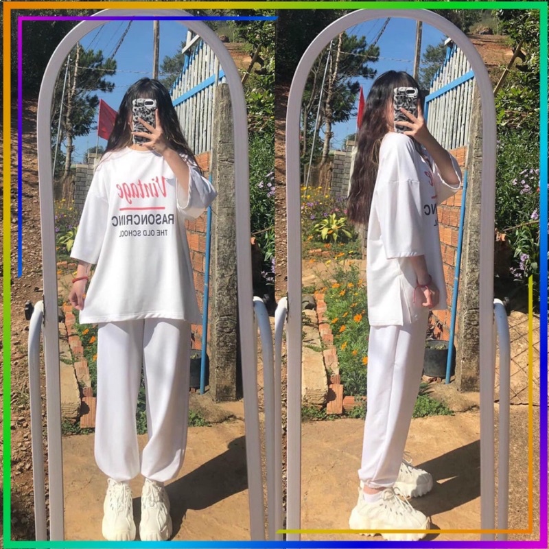 Đồ bộ nữ, Set đồ nữ Freesize áo thun in chữ vintage + quần bom phong cách Basic Hàn Quốc