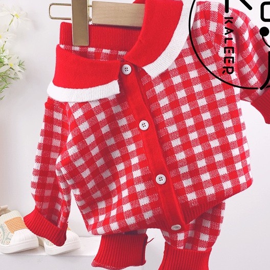 Bộ Len Bé Gái Cài Khuy, Bộ Len Kẻ Caro Cho Bé Gái size 60-90