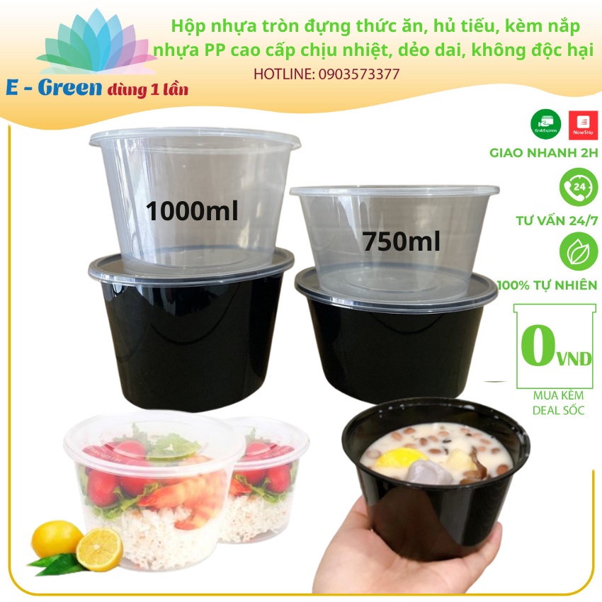 10 Hộp nhựa tròn đựng thức ăn, hủ tiếu, kèm nắp nhựa PP cao cấp chịu nhiệt, dẻo dai, không độc hại