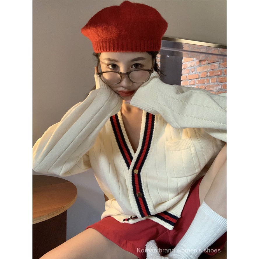 Áo khoác cardigan dệt kim tay dài dáng rộng màu sắc tương phản thời trang mùa thu cho nữ