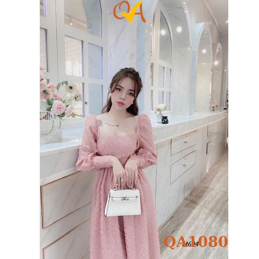 Đầm voan lông hồng gân tay dài cổ vuông thời trang dạo phố, công sở, form chuẩn dáng, chất vải đẹp