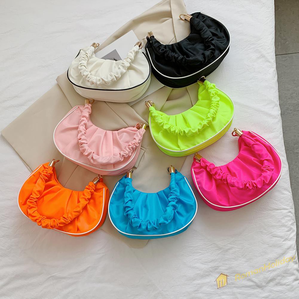 【On Sale】Retro Women Pleated Pure Color Underarm Bag Casual Top-handle Hobos Handbag