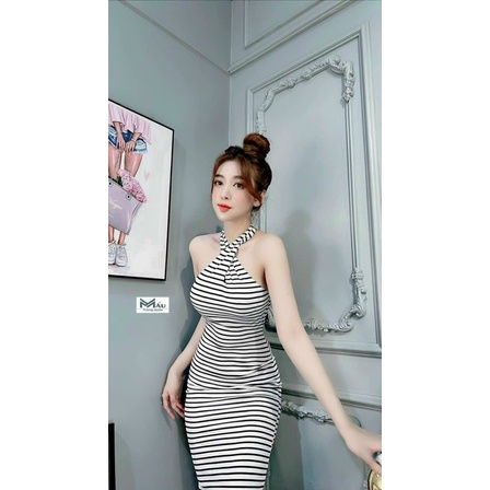 Đầm Thun Kẻ Sọc Ngang Choàng Cổ Yếm Hở Lưng - Dáng Dài Maxi Xẻ Tà Ôm Body Sexy