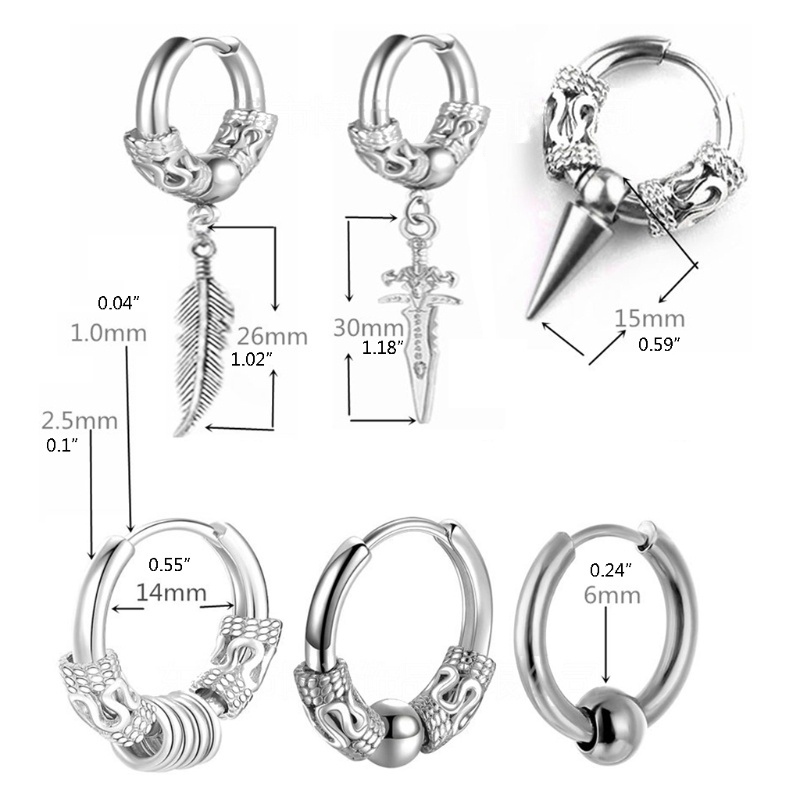 Set 6 Khuyên Tai Tròn Bằng Thép Không Gỉ Họa Tiết Rồng Phong Cách Viking