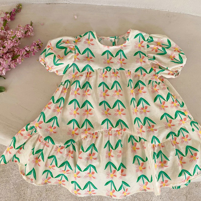 Đầm Công Chúa Tay Phồng Ngắn In Họa Tiết Hoa Phong Cách Hàn Quốc Đơn Giản Dành Cho Bé Gái