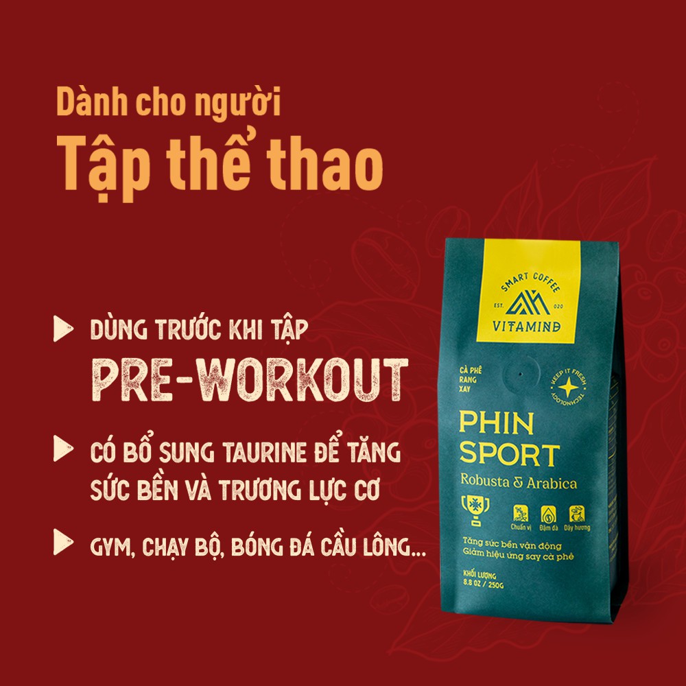 Vitamind Phin Sport Cà Phê Rang Mộc Xay Sẵn Nguyên Chất Từ Hạt Robusta và Arabica Dành Cho Người Tập Thể Thao