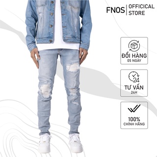 Quần biker jean nam streetwear cao cấp FNOS NZ36 màu xanh wash sáng form slimfit jean thun co giãn
