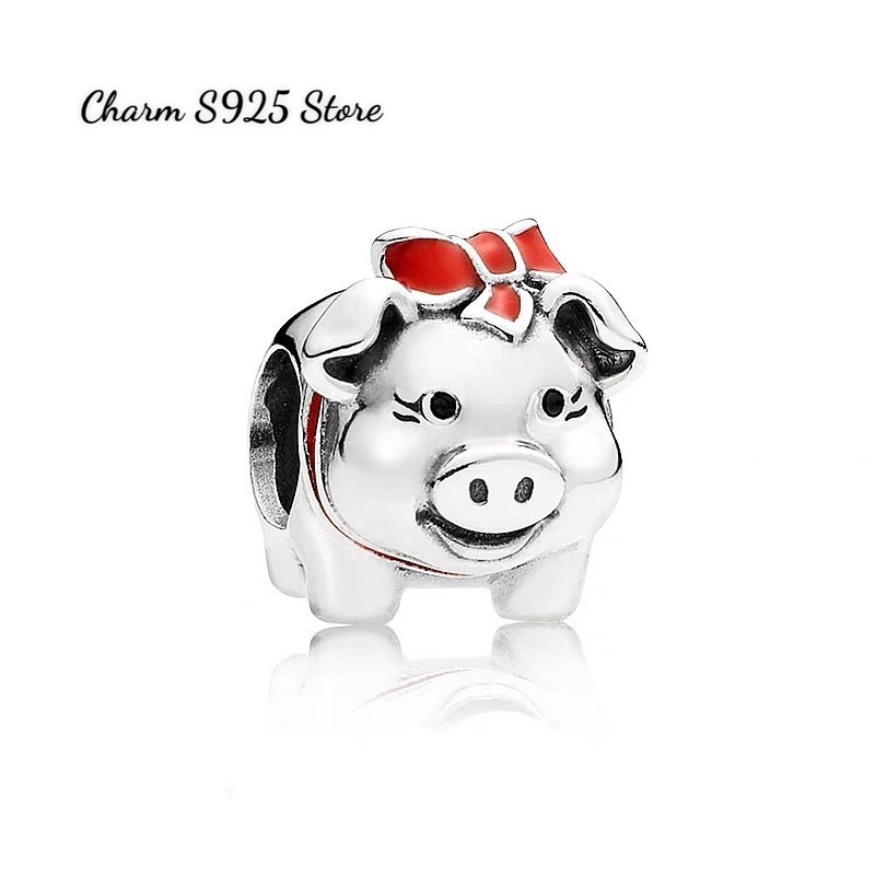 charm pan heo con đeo nơ đỏ bạc s925 cao cấp