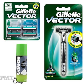 Combo Dao Cạo Râu Gillette Vector (Cán Dao + Lưỡi Dao) + Vỉ 4 lưỡi + Bọt Cạo Râu Hương Chanh 50g