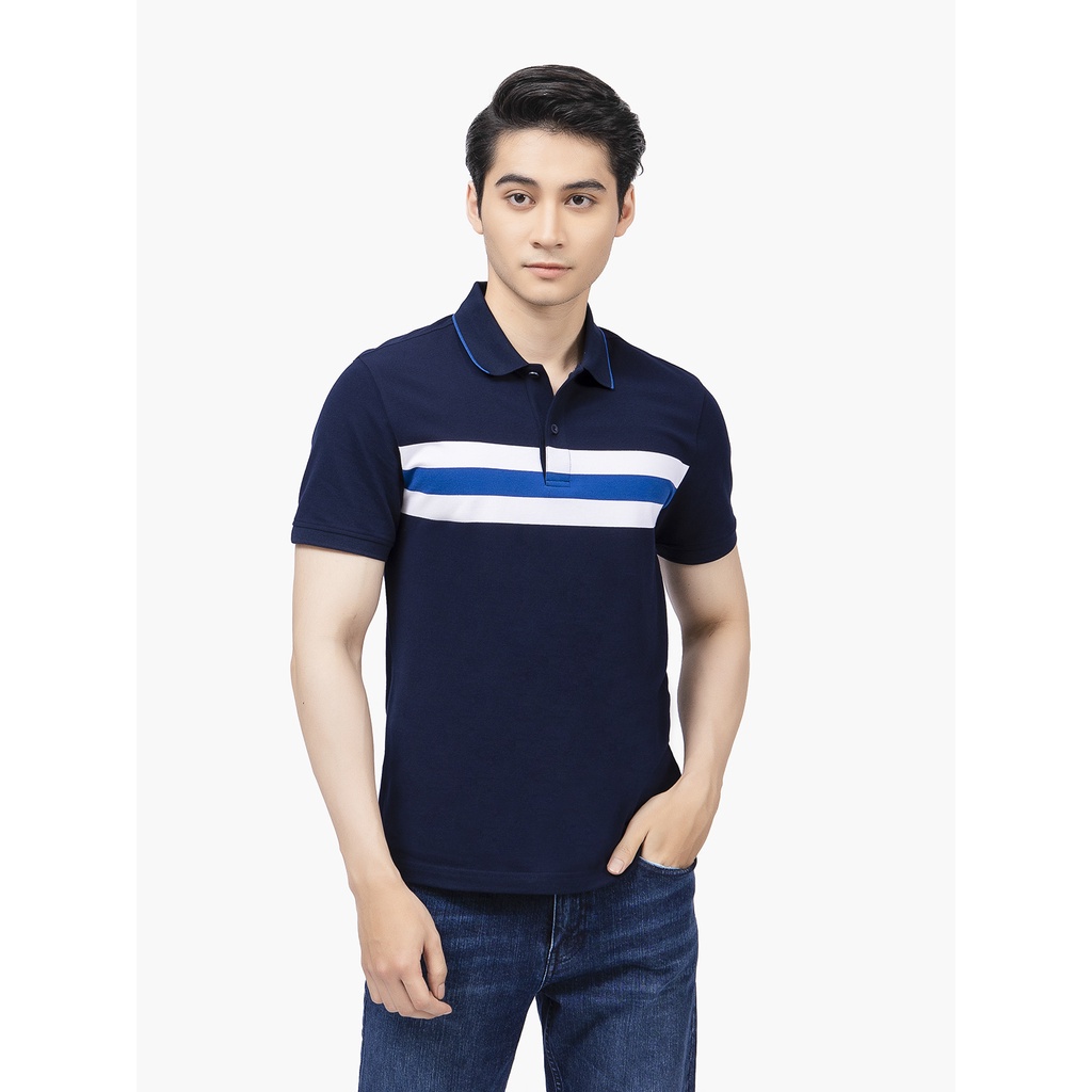 Áo Thun Polo Ngắn Tay Có Cổ Bẻ ARISTINO APS130S2 Áo Phông Nam màu xanh than kẻ ngang dáng suông vừa vải cotton cao cấp