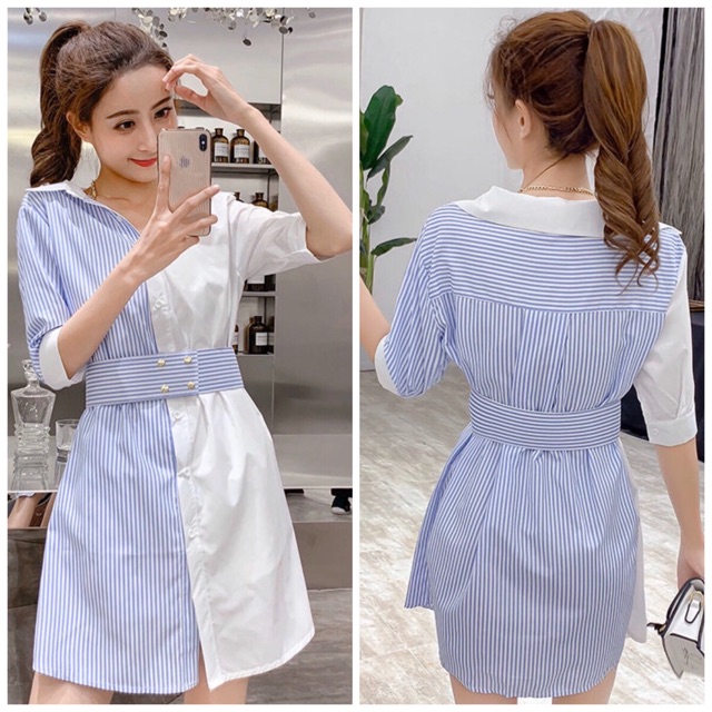 Đầm sọc xanh phối trắng kèm belt (kèm hình thật)