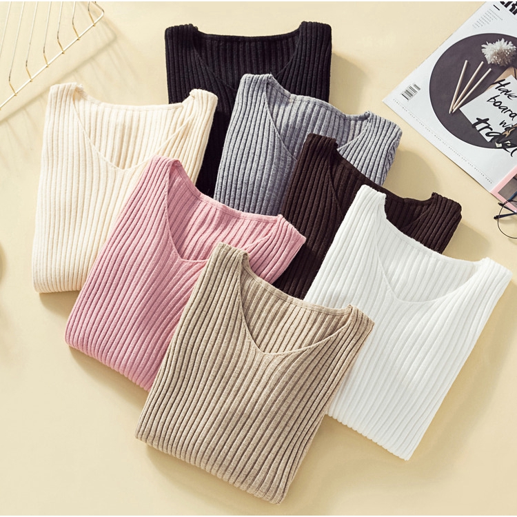 SUXI Áo len tay dài cổ chữ V co dãn tốt