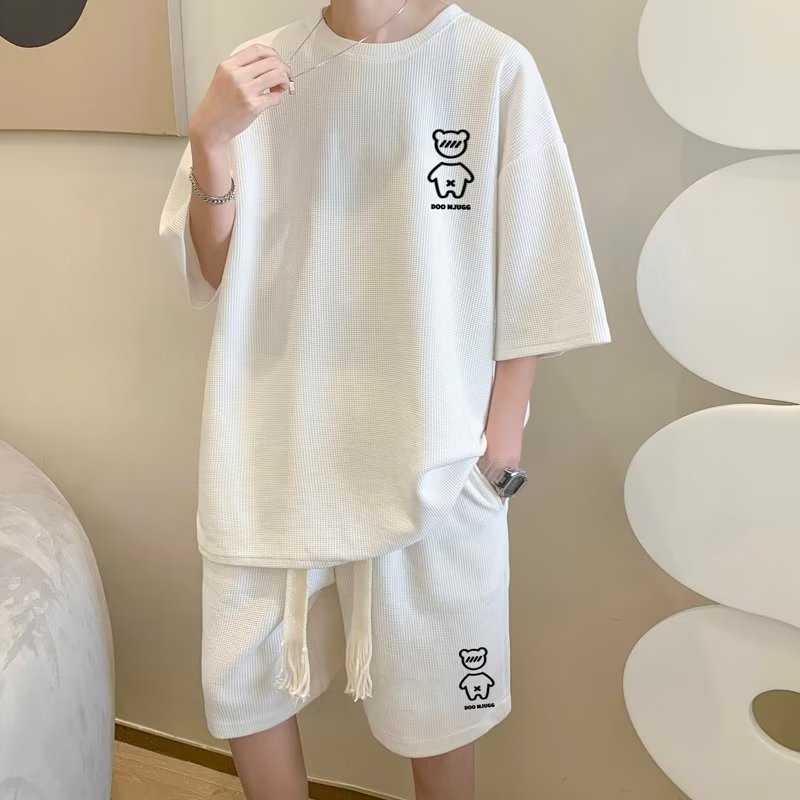 Set Áo Thun Nam Trơn Và Quần Short In Hình Gấu Waffle Thời Trang Hàn Quốc Cho Bộ Thể Thao Nam Mùa Hè Simple Áo Phông Quần Ngắn Nam