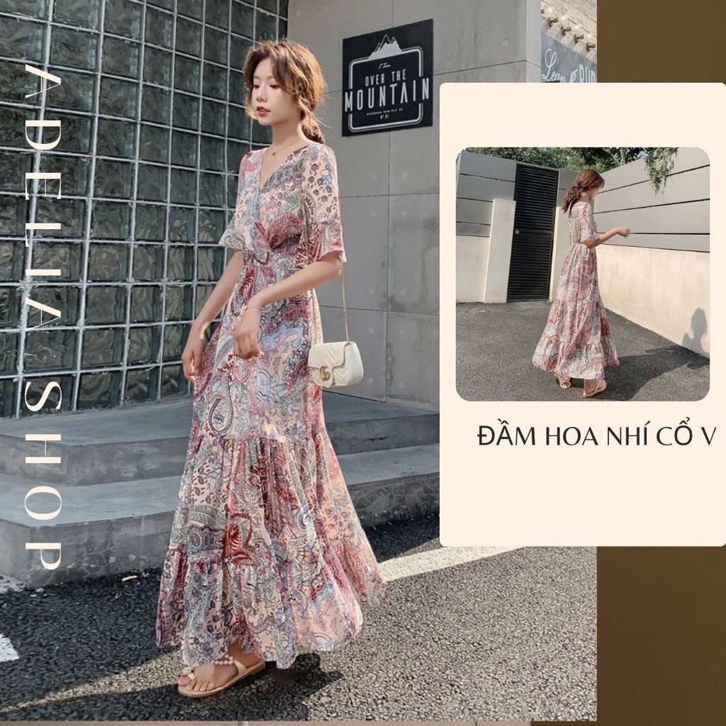 Đầm hoa nhí cổ V dáng dài thích hợp đi du lịch, Đầm ulzzang tay lửng hoa nhí xinh xắn, Phong cách ulzzang tiểu thư