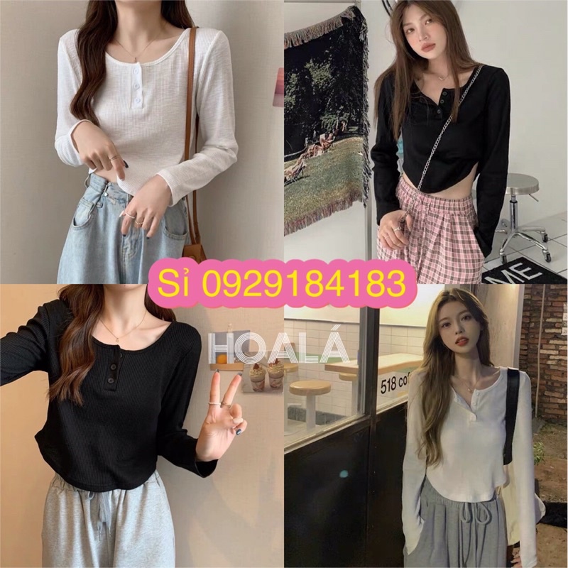 Áo Thun Tay Dài Vạt Bầu Phối Nút Ulzzang