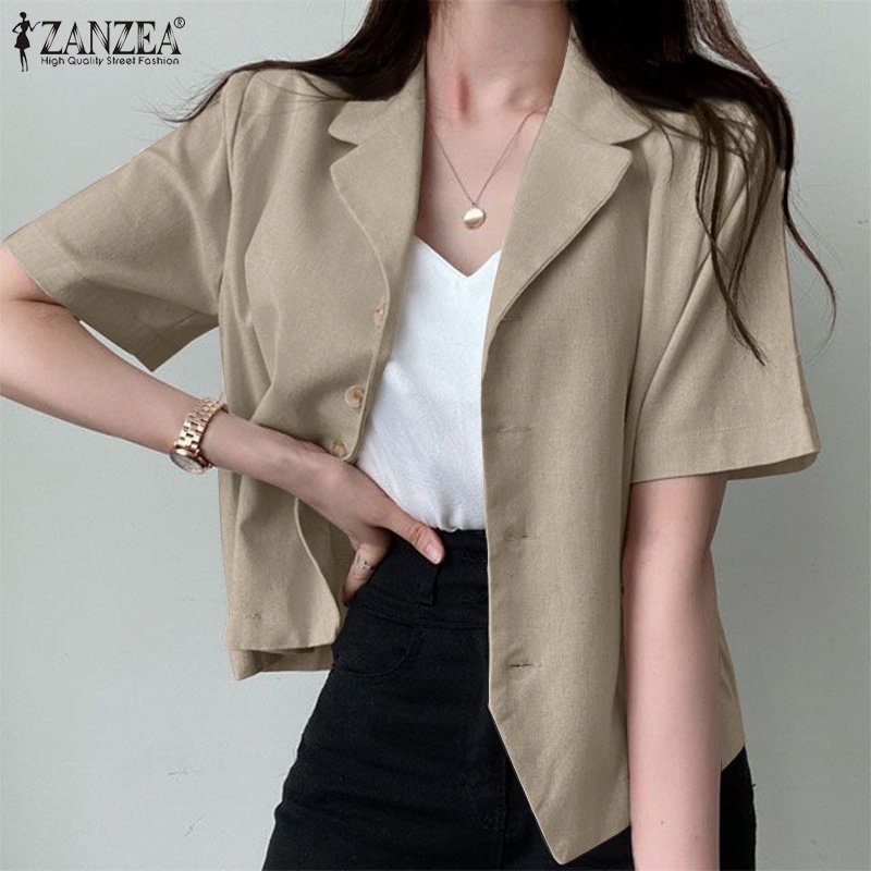 Áo khoác blazer ZANZEA tay ngắn cổ bẻ màu trơn cài khuy kiểu Hàn Quốc thời trang cho bạn gái