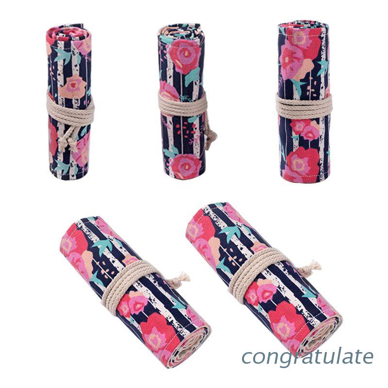 CONG 12/24/36/48/72 Holes Canvas Rose Roll Up Pen Curtain Pencil Bag Case Makeup Wrap
