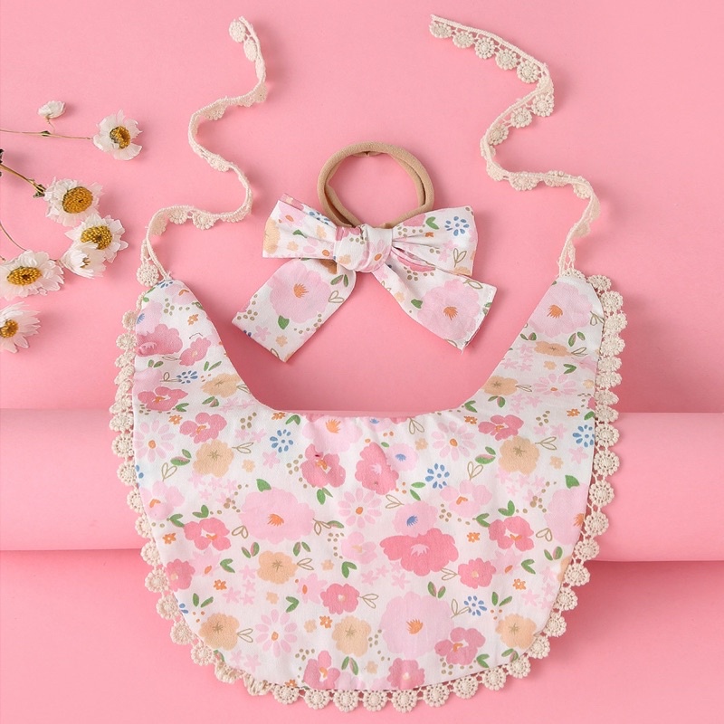 Set yếm đeo cổ kèm turban nơ xinh xắn cho bé gái 0-2 tuổi