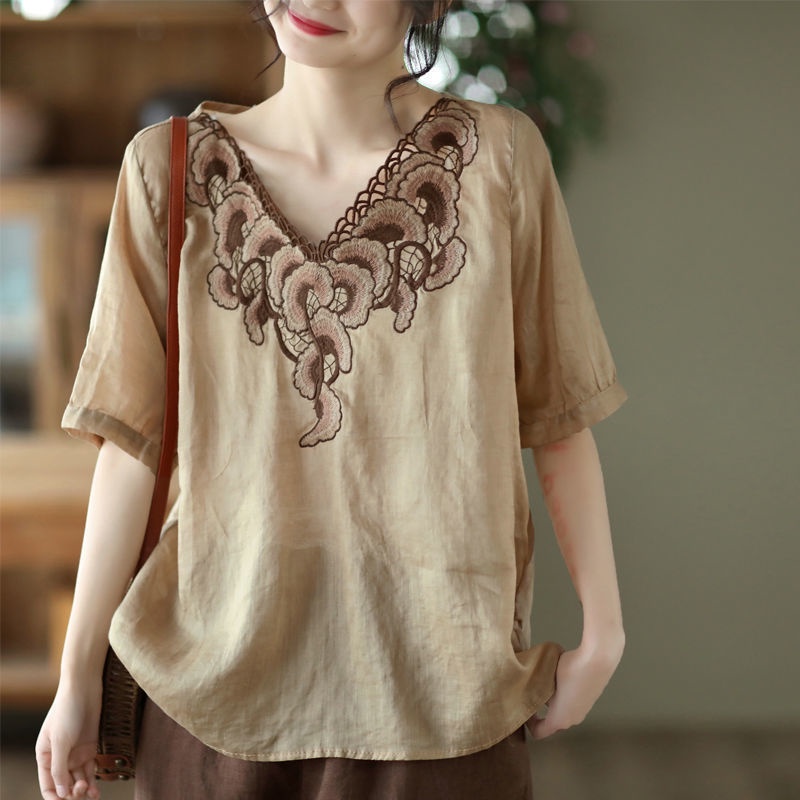 Áo Kiểu Vải Lanh cotton Tay Ngắn Thêu Họa Tiết Thổ Cẩm Phong Cách retro