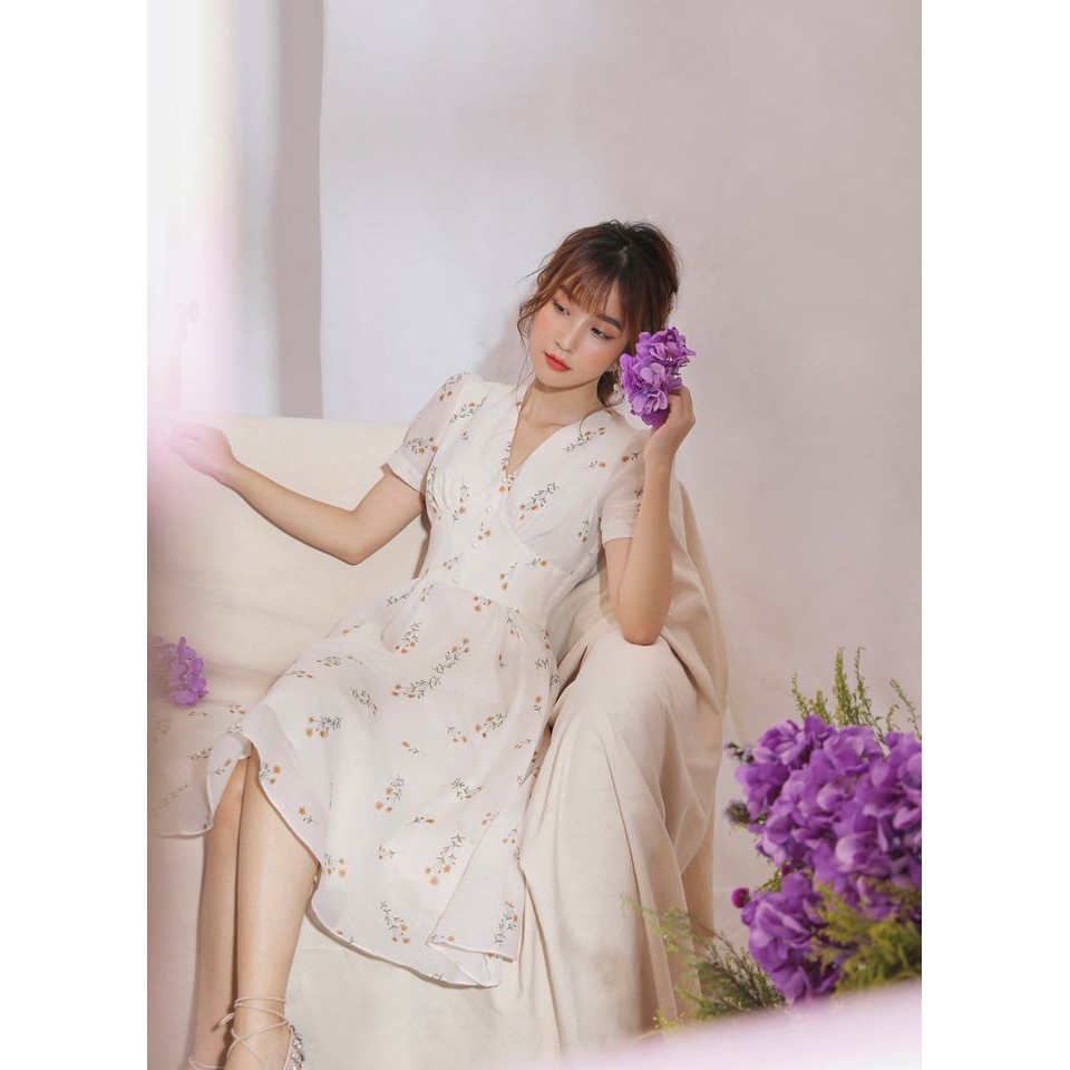 Đầm hoa phối ngọc tay bồng siêu xinh - Jena dress RE