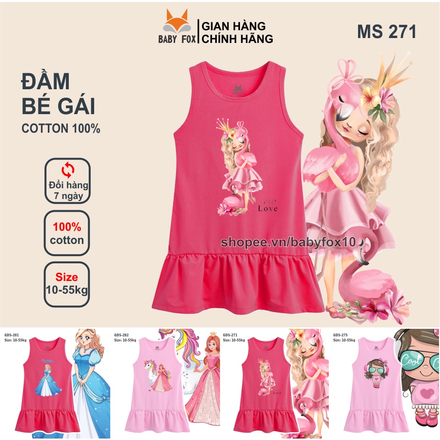 Đầm thun bé gái 100% cotton loại tốt, thương hiệu BABY FOX, in hình công chúa, size nhỏ, trung, đại e